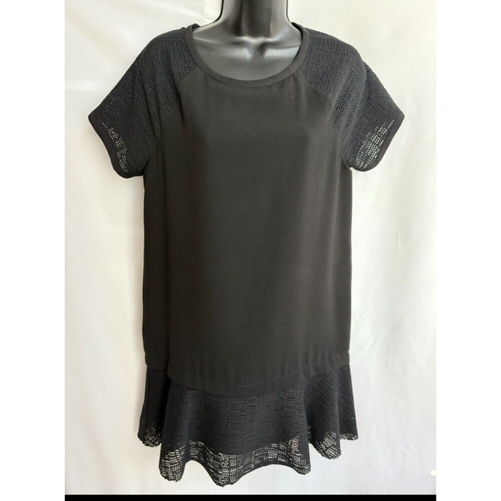 Marna Ro Little Black Dress Shift Mini Size S Crochet Trim Ruffles Classy LBD